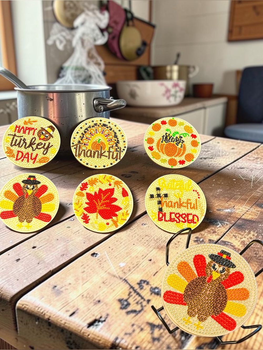 Thanksgiving Autumn Fall Coaster Set of 6 with Holder Hand Crafted & Sealed
